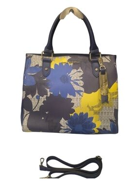 Emma & Sophia Navy, Yellow and Blue Floral Tote 100^ Leather Satchel/crossbody